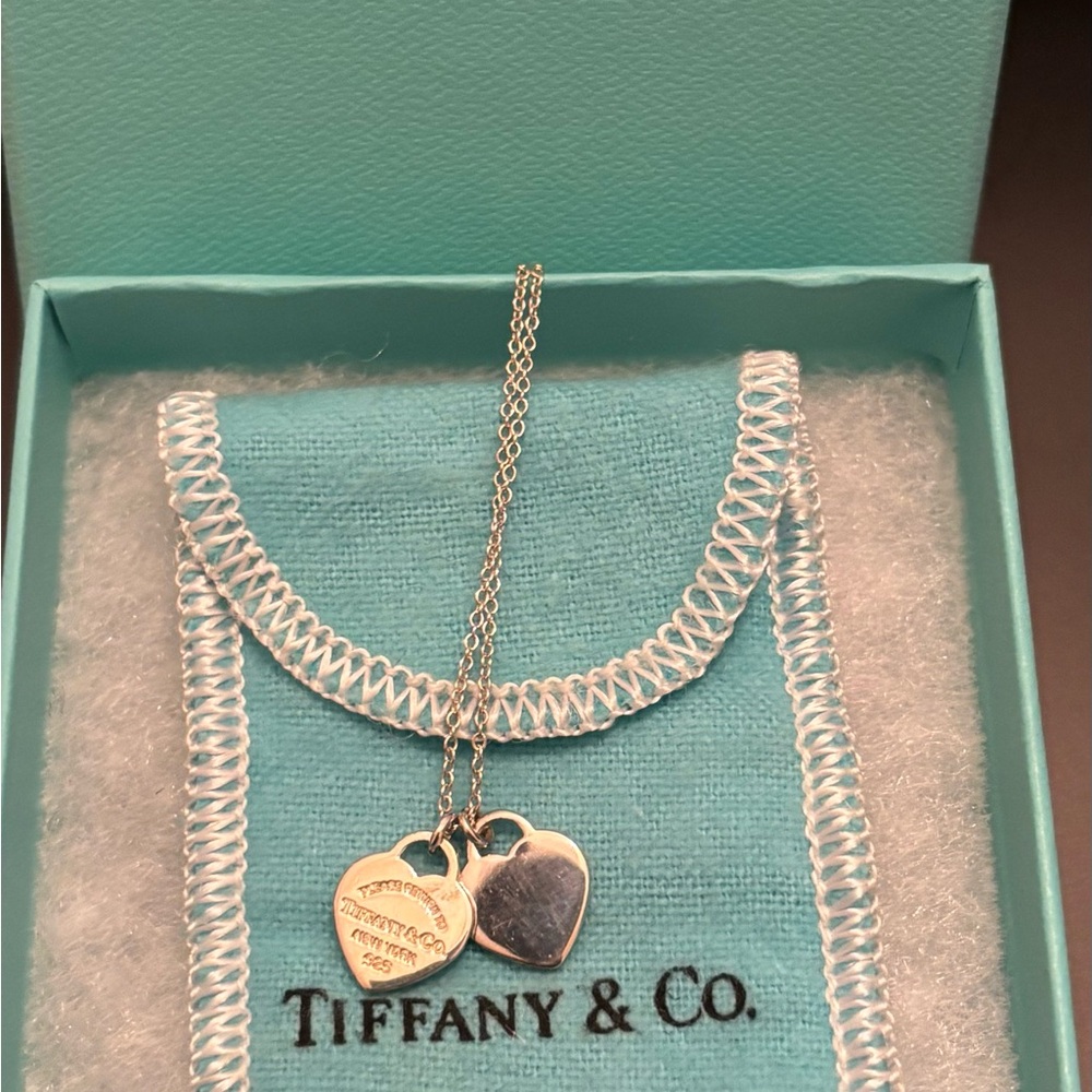Authentic Tiffany & Co. Silver Double Heart Pendant Necklace.